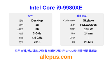 Intel Core i9-9980XE CPU 사양과 벤치마크