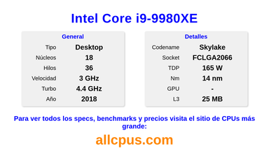 Intel Core i9-9980XE Especificaciones y benchmarks de la CPU