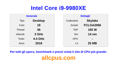 Intel Core i9-9980XE Specifiche e benchmark della CPU
