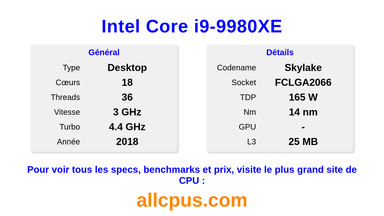 Intel Core i9-9980XE Spécifications et benchmarks du CPU