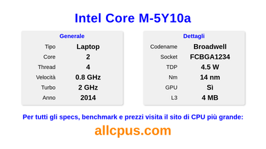 Intel Core M-5Y10a Specifiche e benchmark della CPU