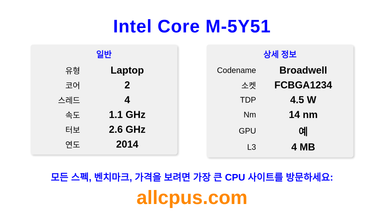 Intel Core M-5Y51 CPU 사양과 벤치마크