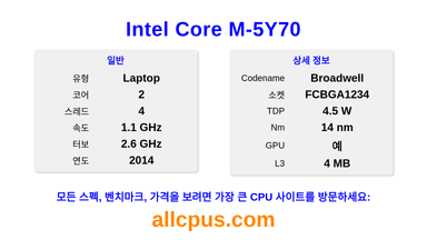 Intel Core M-5Y70 CPU 사양과 벤치마크