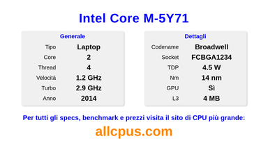 Intel Core M-5Y71 Specifiche e benchmark della CPU