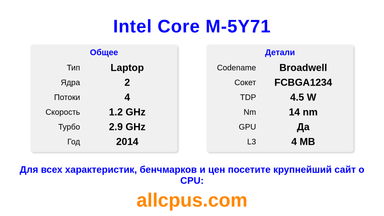 Intel Core M-5Y71 Характеристики и бенчмарки CPU