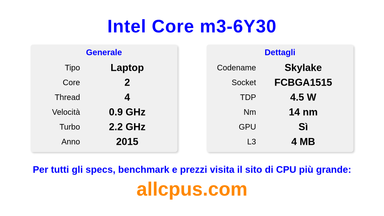 Intel Core m3-6Y30 Specifiche e benchmark della CPU