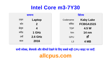 Intel Core m3-7Y30 CPU की स्पेसिफिकेशन और बेंचमार्क