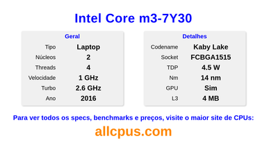 Intel Core m3-7Y30 Especificações e benchmarks da CPU