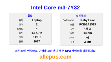 Intel Core m3-7Y32 CPU 사양과 벤치마크