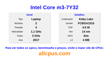 Intel Core m3-7Y32 Especificações e benchmarks da CPU