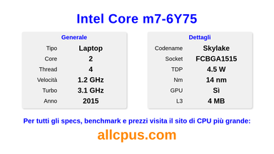 Intel Core m7-6Y75 Specifiche e benchmark della CPU