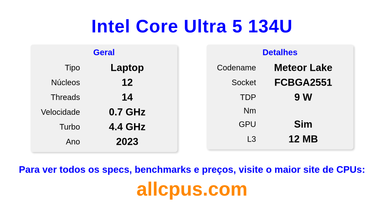 Intel Core Ultra 5 134U Especificações e benchmarks da CPU