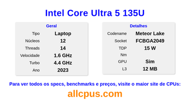 Intel Core Ultra 5 135U Especificações e benchmarks da CPU