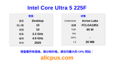 Intel Core Ultra 5 225F CPU 规格和跑分