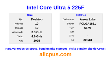 Intel Core Ultra 5 225F Especificações e benchmarks da CPU