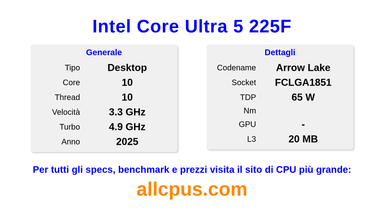 Intel Core Ultra 5 225F Specifiche e benchmark della CPU