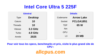 Intel Core Ultra 5 225F Spécifications et benchmarks du CPU