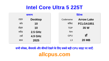 Intel Core Ultra 5 225T CPU की स्पेसिफिकेशन और बेंचमार्क