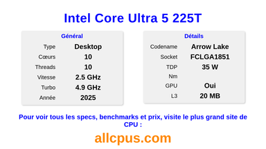 Intel Core Ultra 5 225T Spécifications et benchmarks du CPU