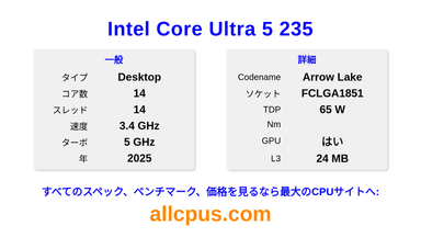 Intel Core Ultra 5 235 CPUの仕様とベンチマーク