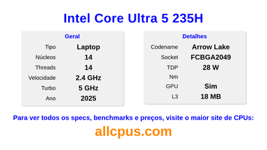 Intel Core Ultra 5 235H Especificações e benchmarks da CPU