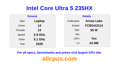 Intel Core Ultra 5 235HX CPU Specifications and Benchmark