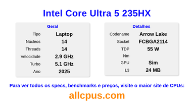 Intel Core Ultra 5 235HX Especificações e benchmarks da CPU