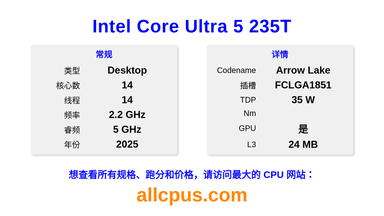 Intel Core Ultra 5 235T CPU 规格和跑分
