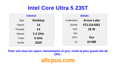Intel Core Ultra 5 235T Spécifications et benchmarks du CPU