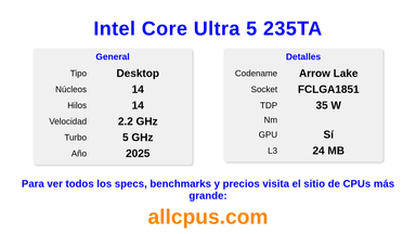 Intel Core Ultra 5 235TA Especificaciones y benchmarks de la CPU