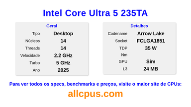 Intel Core Ultra 5 235TA Especificações e benchmarks da CPU