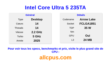 Intel Core Ultra 5 235TA Spécifications et benchmarks du CPU