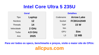 Intel Core Ultra 5 235U Especificações e benchmarks da CPU