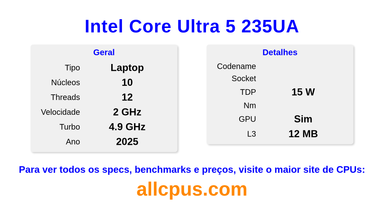 Intel Core Ultra 5 235UA Especificações e benchmarks da CPU
