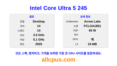 Intel Core Ultra 5 245 CPU 사양과 벤치마크