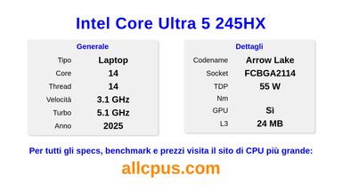 Intel Core Ultra 5 245HX Specifiche e benchmark della CPU