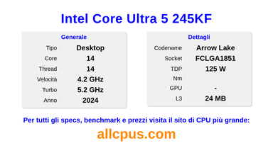 Intel Core Ultra 5 245KF Specifiche e benchmark della CPU