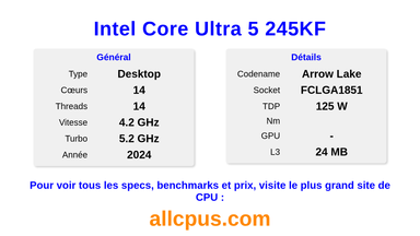 Intel Core Ultra 5 245KF Spécifications et benchmarks du CPU