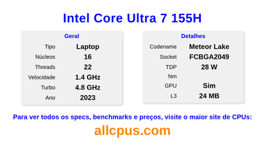 Intel Core Ultra 7 155H Especificações e benchmarks da CPU