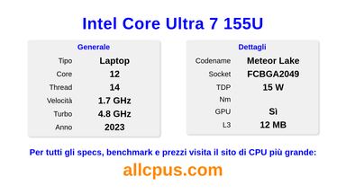 Intel Core Ultra 7 155U Specifiche e benchmark della CPU