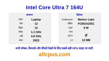 Intel Core Ultra 7 164U CPU की स्पेसिफिकेशन और बेंचमार्क