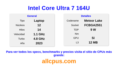 Intel Core Ultra 7 164U Especificaciones y benchmarks de la CPU