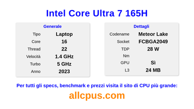 Intel Core Ultra 7 165H Specifiche e benchmark della CPU