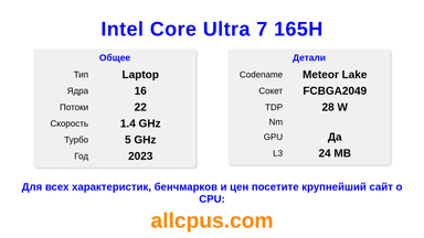 Intel Core Ultra 7 165H Характеристики и бенчмарки CPU