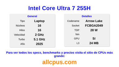 Intel Core Ultra 7 255H Especificaciones y benchmarks de la CPU