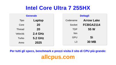 Intel Core Ultra 7 255HX Specifiche e benchmark della CPU