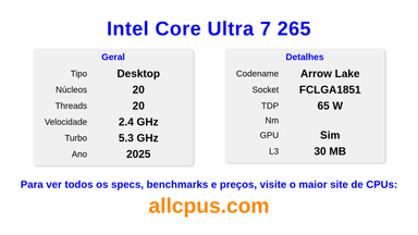 Intel Core Ultra 7 265 Especificações e benchmarks da CPU