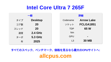 Intel Core Ultra 7 265F CPUの仕様とベンチマーク