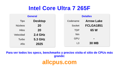 Intel Core Ultra 7 265F Especificaciones y benchmarks de la CPU