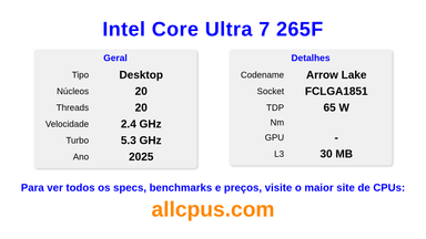 Intel Core Ultra 7 265F Especificações e benchmarks da CPU